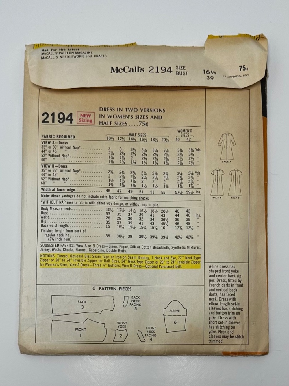 Vintage McCall’s 2194 Sewing Pattern Women’s Dress Size 16½ Bust 39 Retro 1960s - Picture 3 of 4